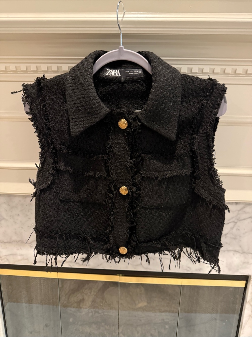 Zara Black Tweed Crop Vest with Gold Buttons